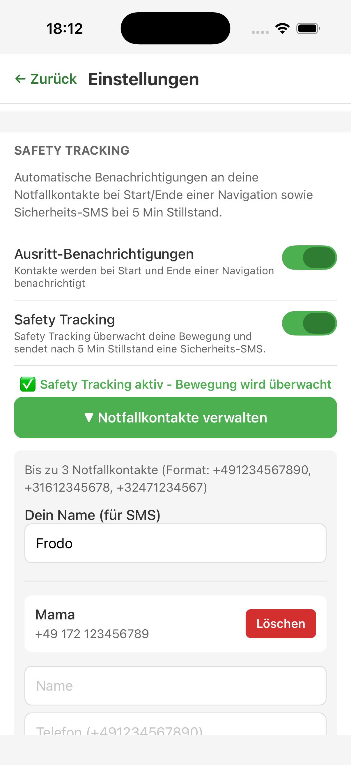 ReitNavi Sicherheits-Tracking und Notfallkontakte