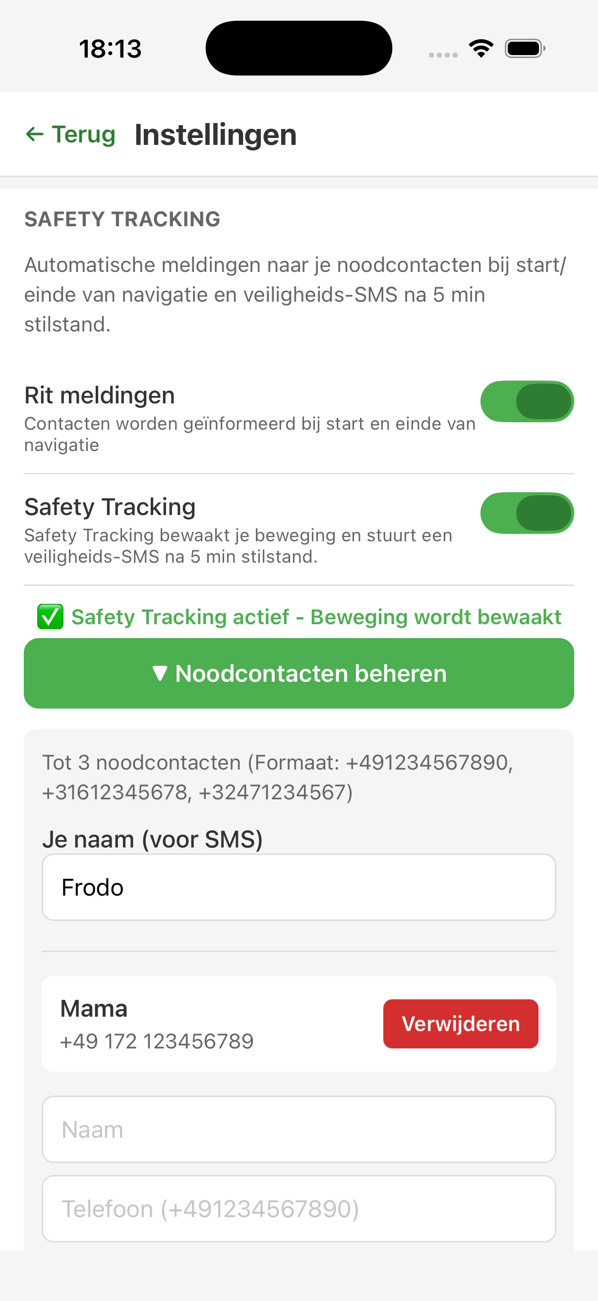 RuiterNavi veiligheidsfuncties en noodcontacten