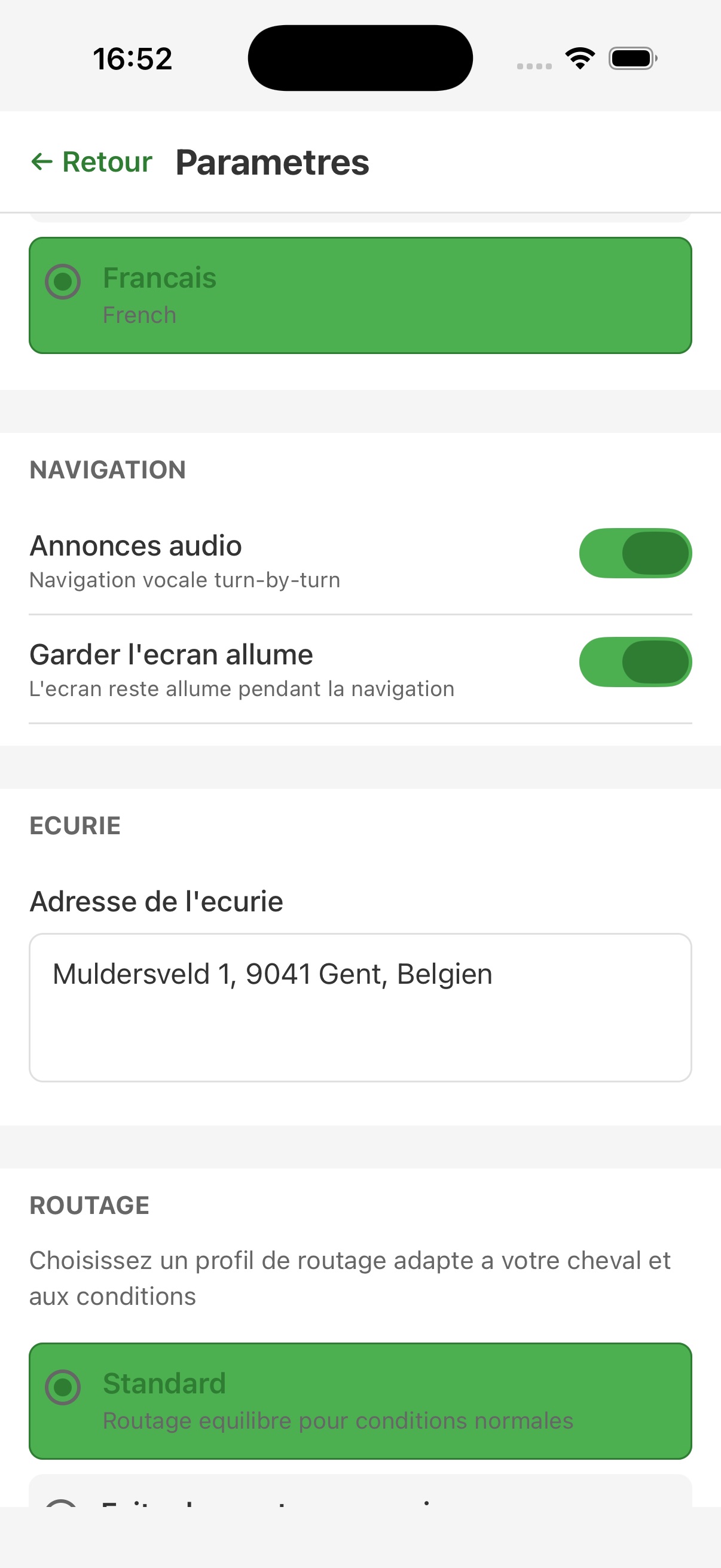Paramètres CavalierNavi - Navigation audio et écurie